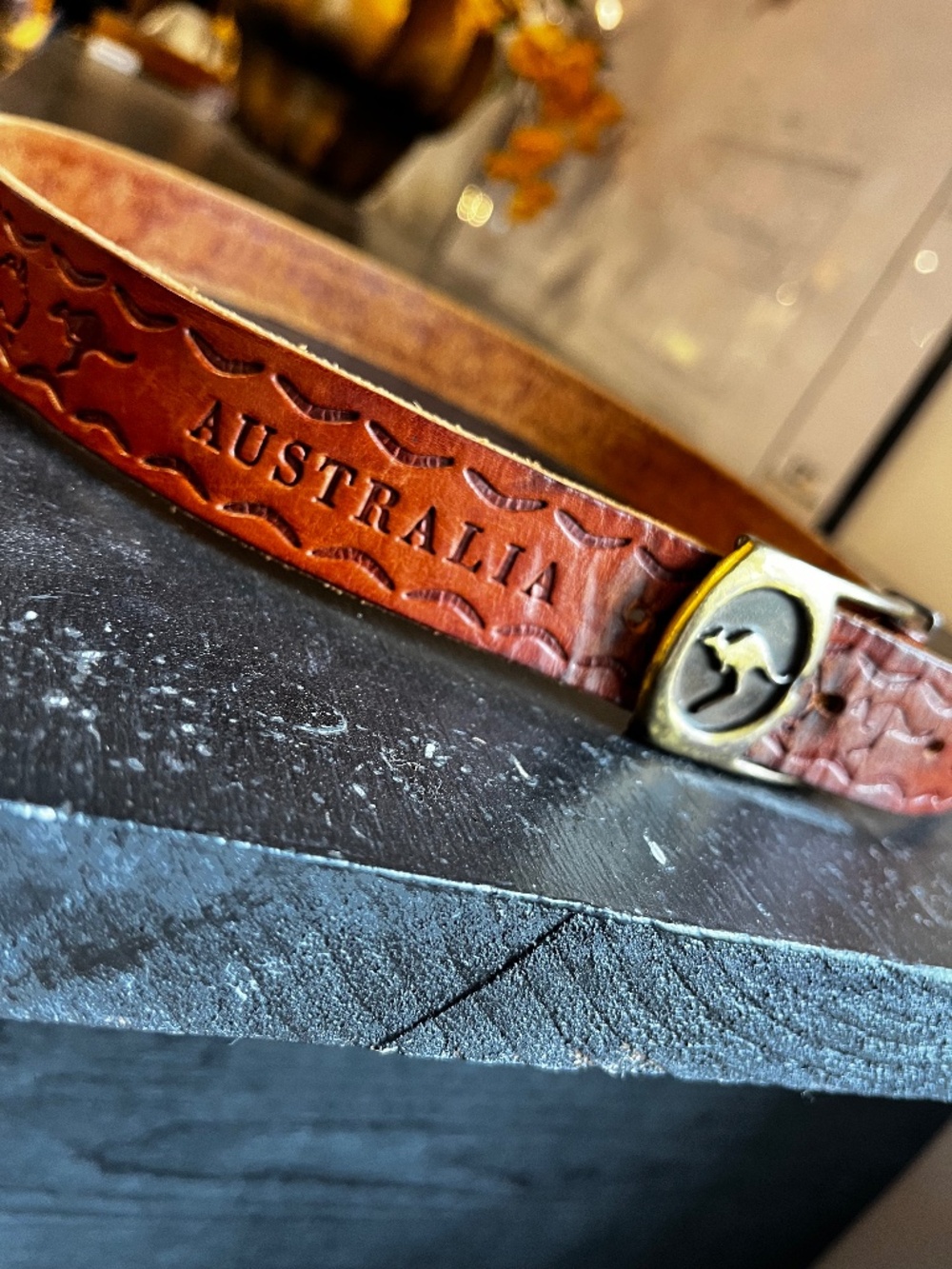 Vintage Brass Tooled Leather Australia Belt with Kangaroo Buckle